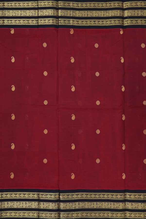 Silk Cotton Saree In Burgundy Red With Paisley Buttas