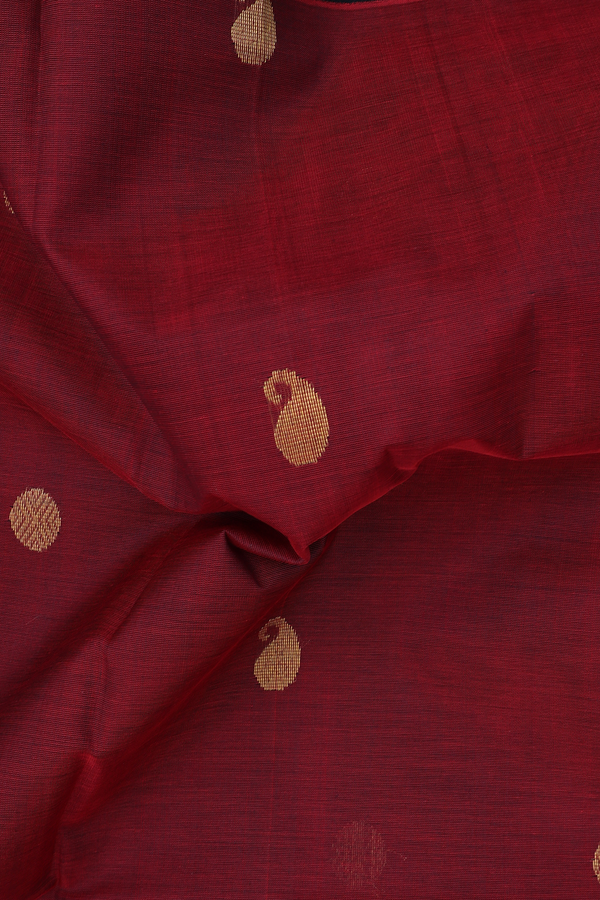 Silk Cotton Saree In Burgundy Red With Paisley Buttas