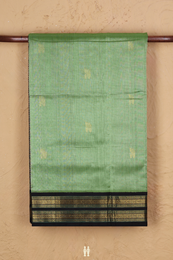 Traditional Silk Cotton Saree In Green With Zari Buttas