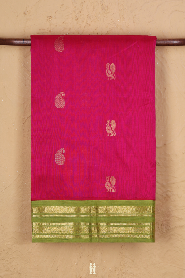 Traditional Silk Cotton Saree In Dark Pink With Peacock Buttas