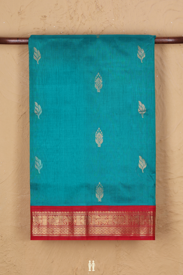 Silk Cotton Saree In Peacock Green With Zari Buttas