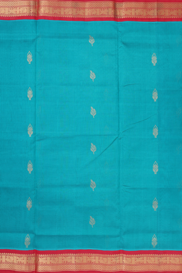 Silk Cotton Saree In Peacock Green With Zari Buttas