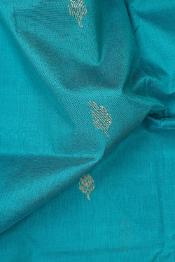 Silk Cotton Saree In Peacock Green With Zari Buttas