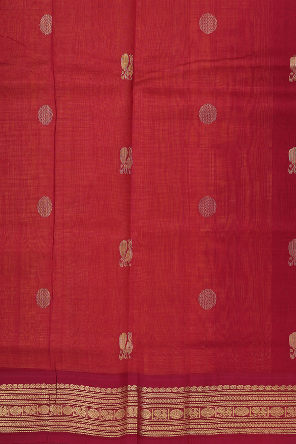 Silk Cotton Saree In Yellow With Peacock Buttas