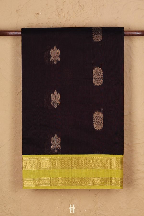 Silk Cotton Saree In Dark Oak Brown With Zari Buttas