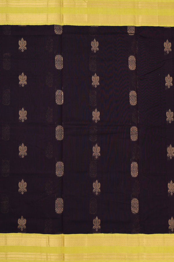 Silk Cotton Saree In Dark Oak Brown With Zari Buttas