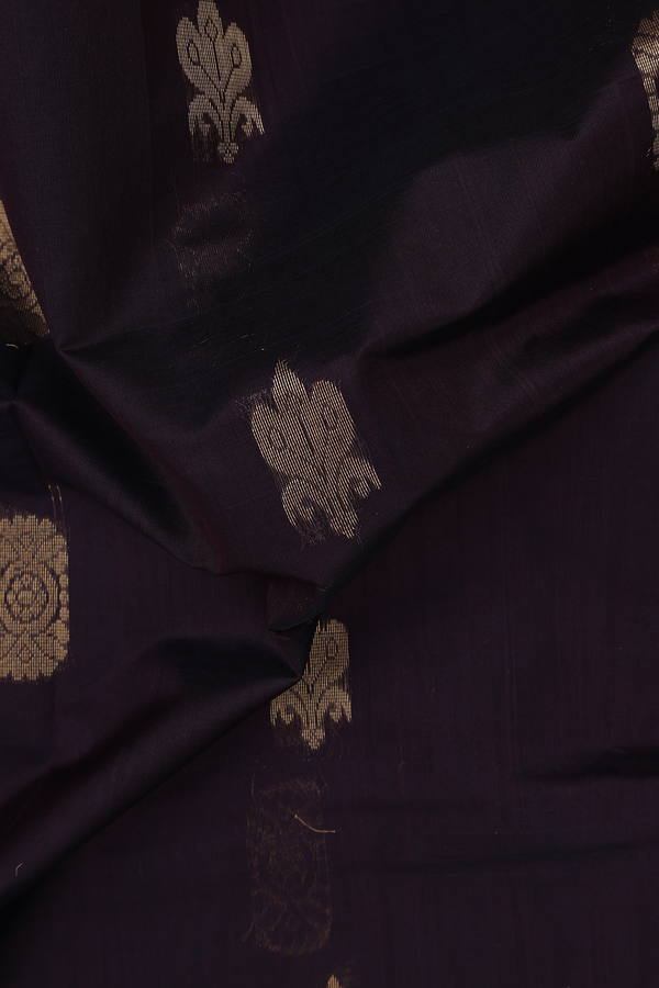 Silk Cotton Saree In Dark Oak Brown With Zari Buttas