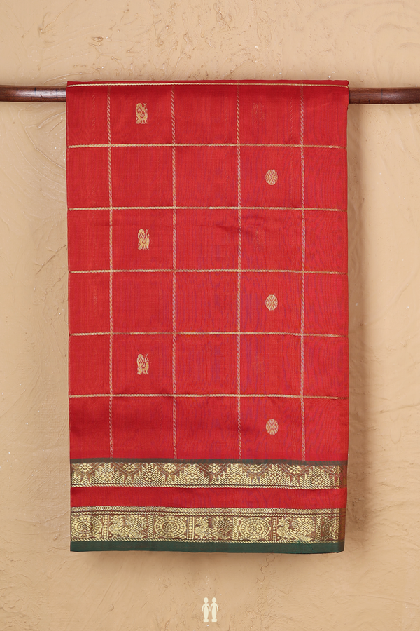 Traditional Silk Cotton Saree In Rust Red With Checks Design