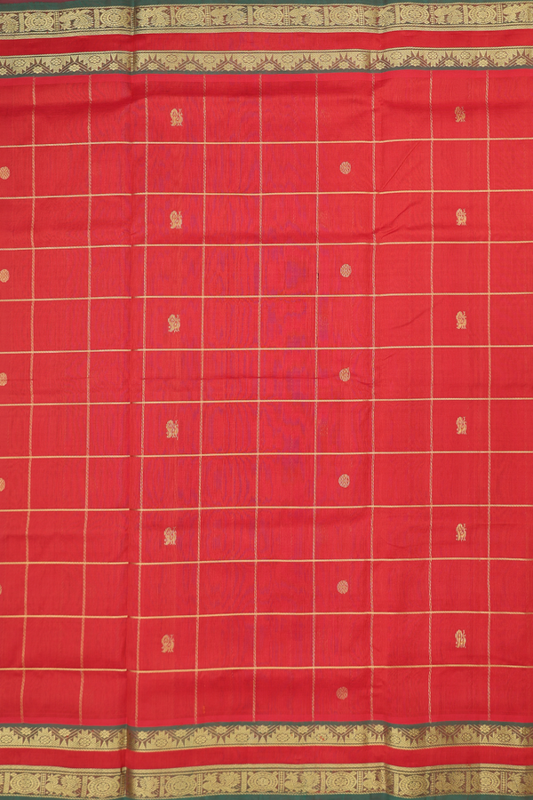 Traditional Silk Cotton Saree In Rust Red With Checks Design