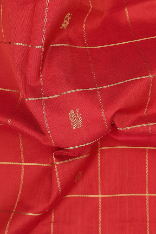 Traditional Silk Cotton Saree In Rust Red With Checks Design