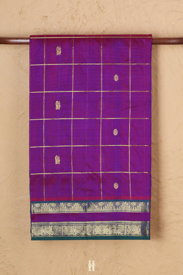 Traditional Silk Cotton Saree In Purple With Checks Design