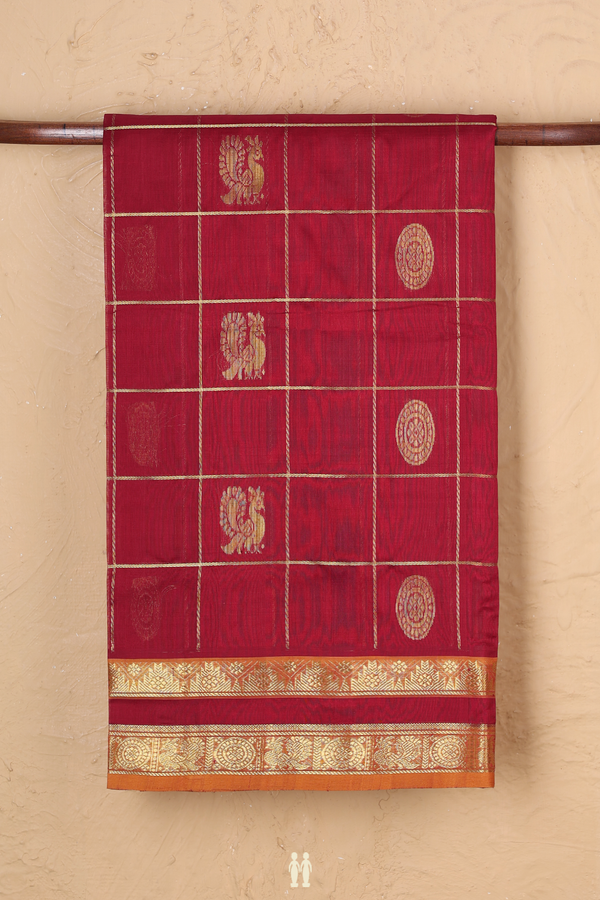 Traditional Silk Cotton Saree In Red With Checks Design