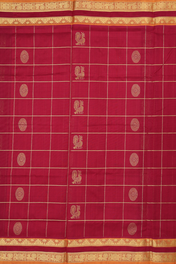 Traditional Silk Cotton Saree In Red With Checks Design