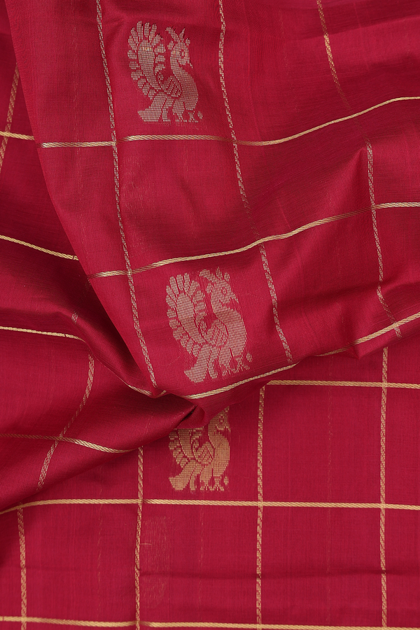 Traditional Silk Cotton Saree In Red With Checks Design