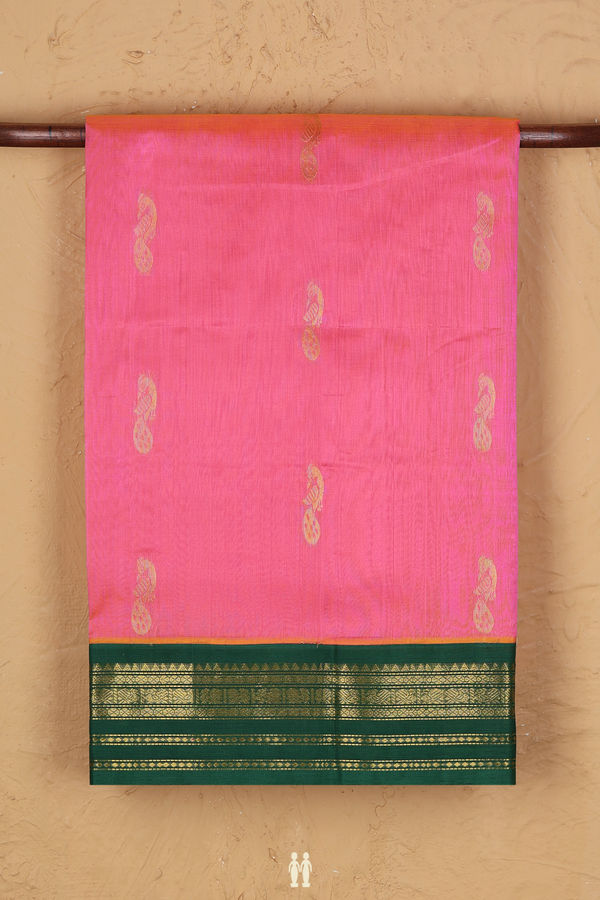 Traditional Silk Cotton Saree In Pink With Peacock Buttas