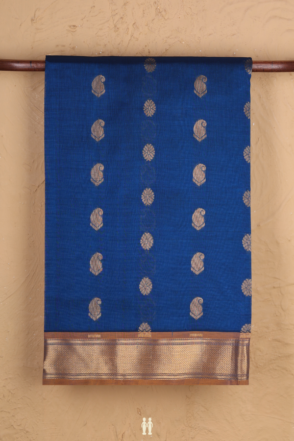 Silk Cotton Saree In Blue With Paisley Buttas