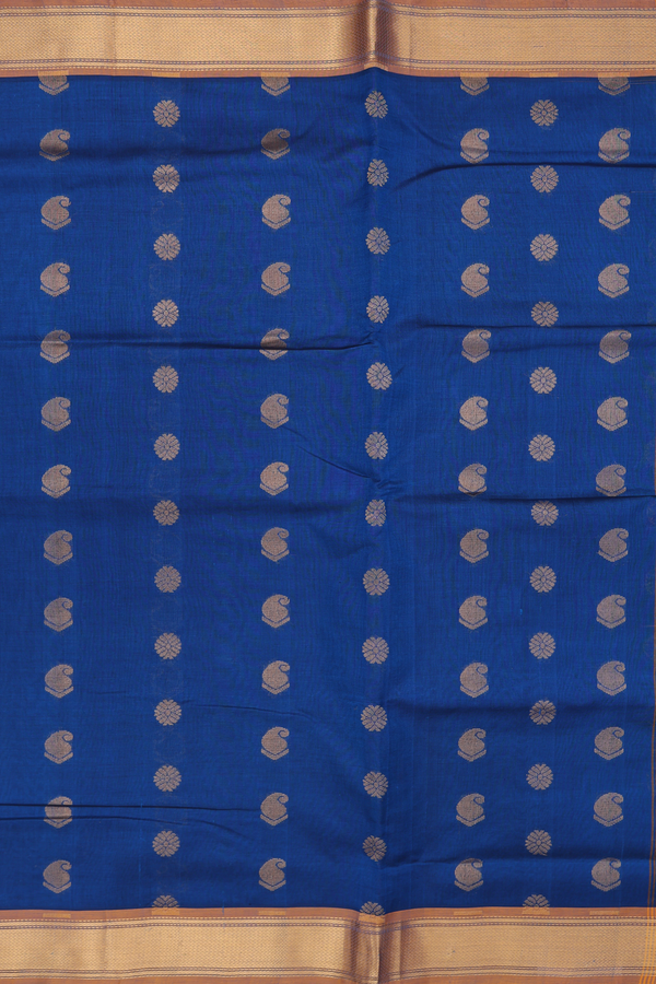 Silk Cotton Saree In Blue With Paisley Buttas