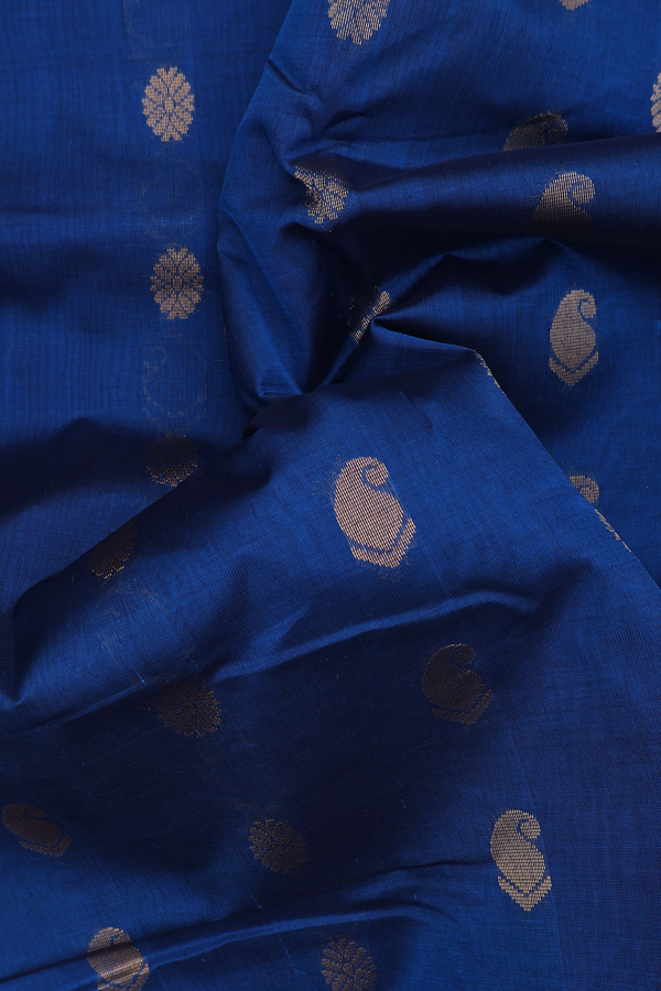 Silk Cotton Saree In Blue With Paisley Buttas