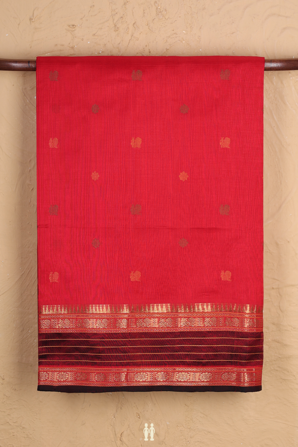 Traditional Silk Cotton Saree In Red With Peacock Buttas