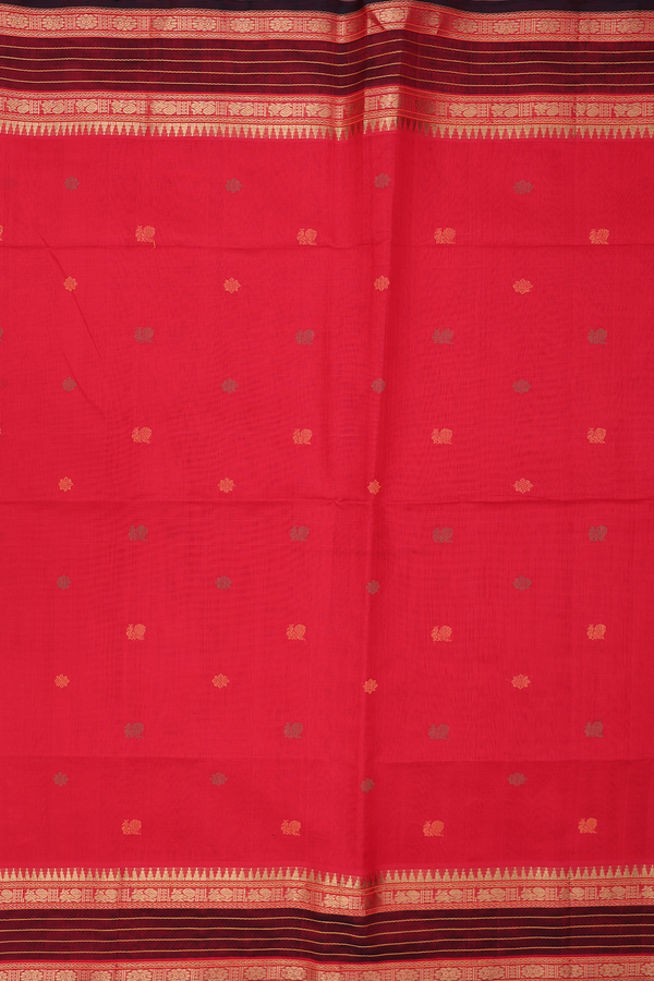 Traditional Silk Cotton Saree In Red With Peacock Buttas