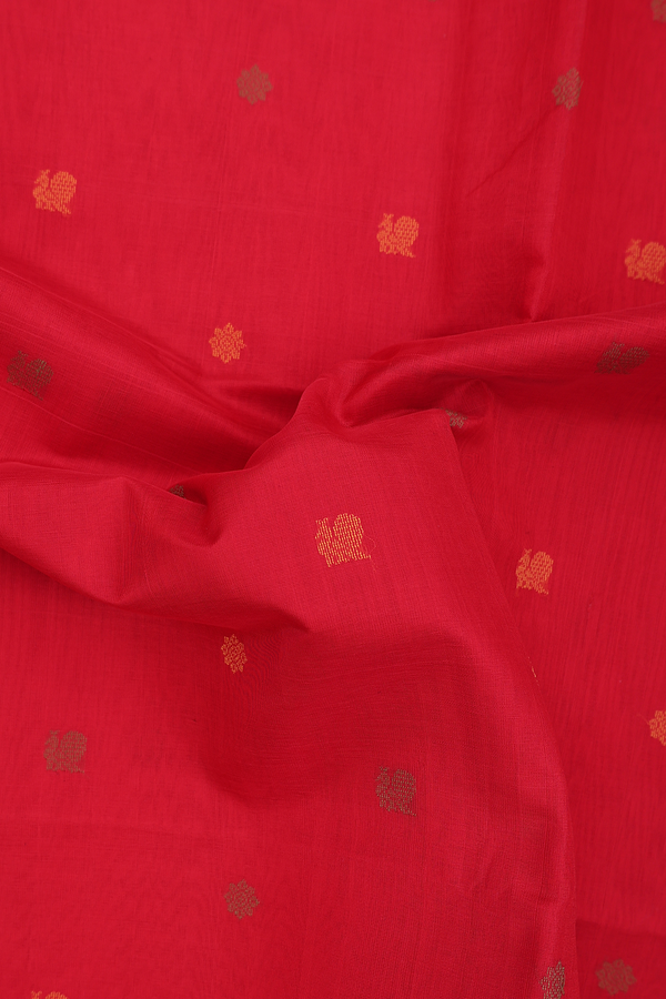 Traditional Silk Cotton Saree In Red With Peacock Buttas