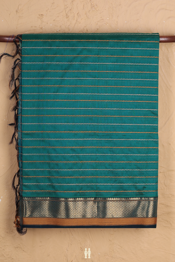 Silk Cotton Saree In Peacock Green With Stripes Design