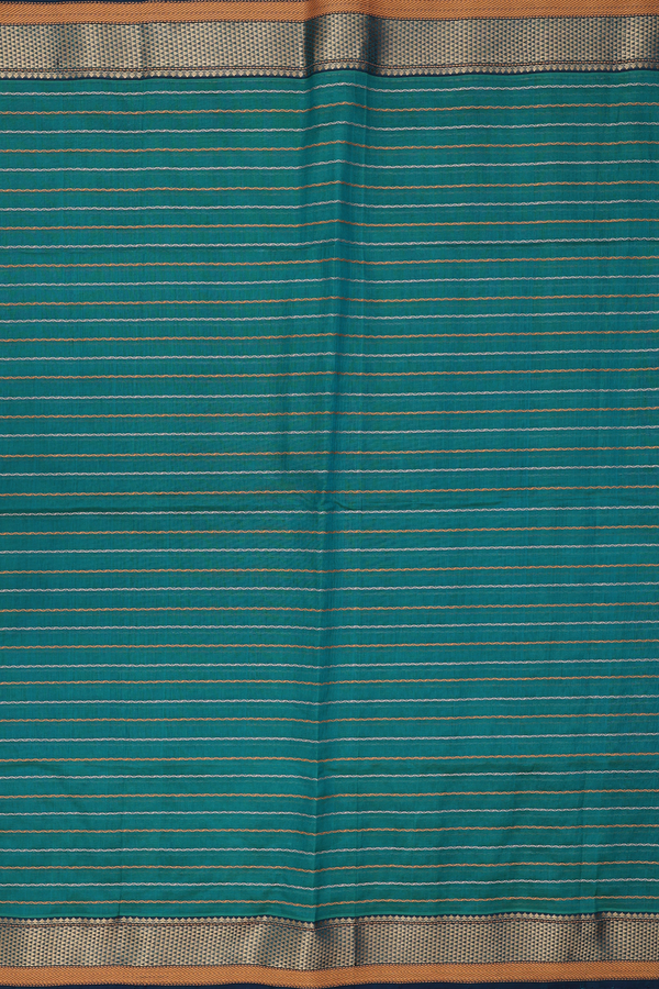 Silk Cotton Saree In Peacock Green With Stripes Design
