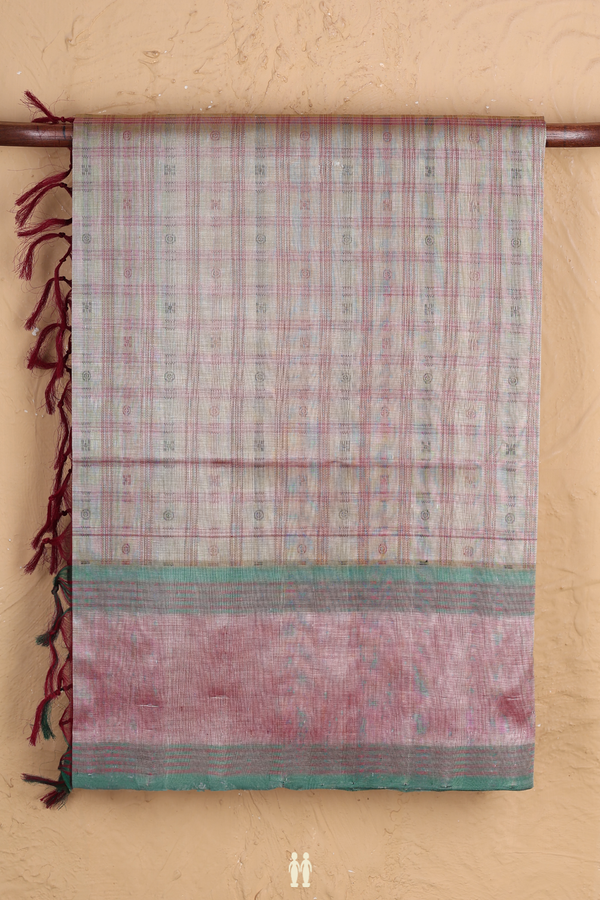 Traditional Silk Cotton Saree Cream Color With Checks Design