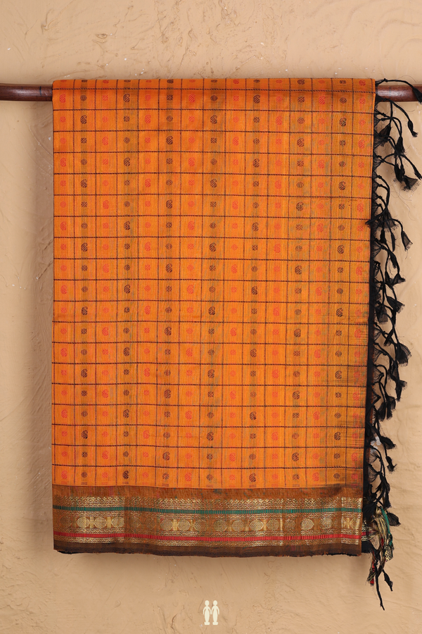 Traditional Silk Cotton Saree In Orange With Checks Design