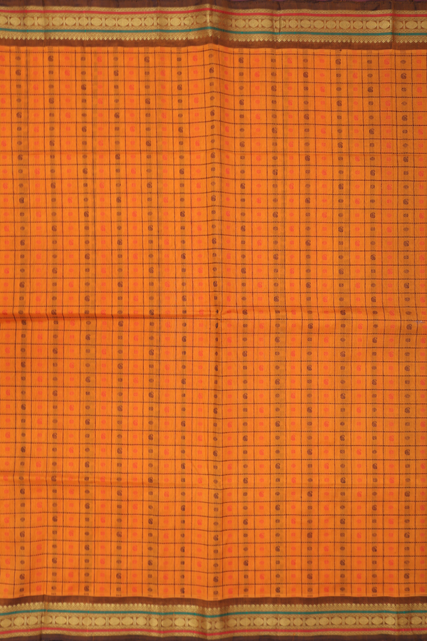 Traditional Silk Cotton Saree In Orange With Checks Design