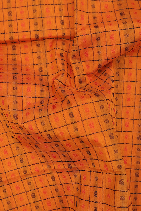 Traditional Silk Cotton Saree In Orange With Checks Design