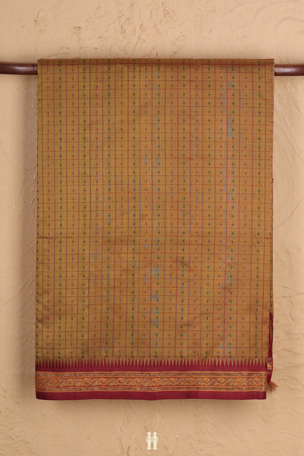 Traditional Silk Cotton Saree In Brown With Checks Design