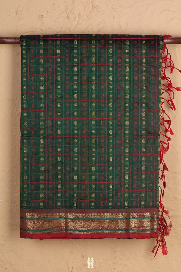 Traditional Silk Cotton Saree In Green With Checks Design