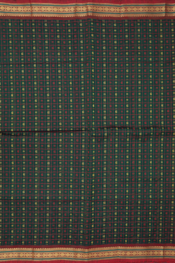 Traditional Silk Cotton Saree In Green With Checks Design