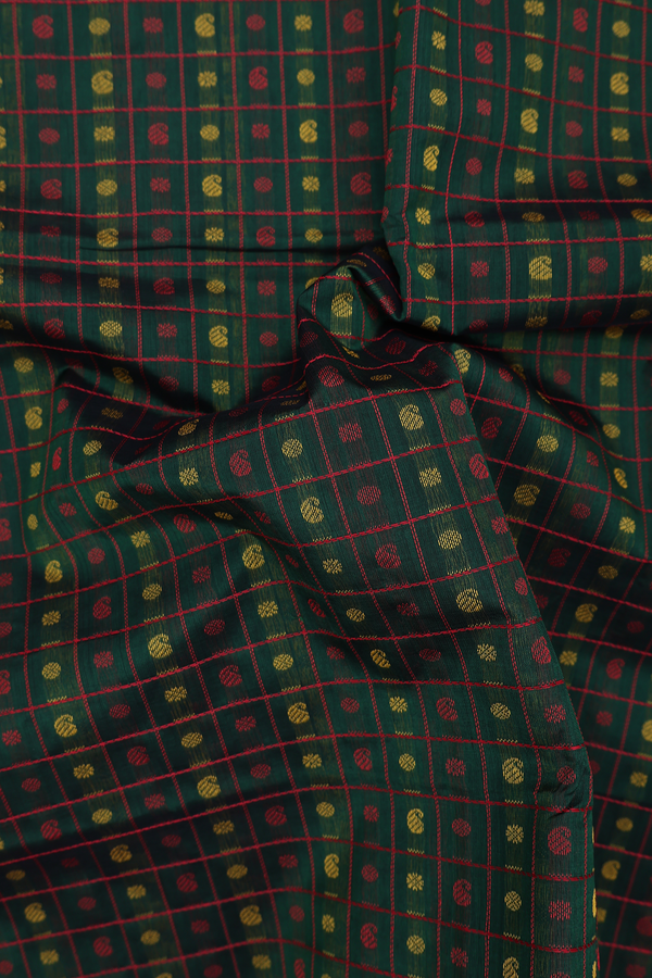 Traditional Silk Cotton Saree In Green With Checks Design