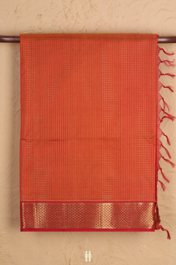 Silk Cotton Saree In Orange With Checks Design