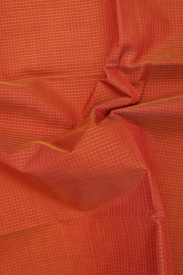 Silk Cotton Saree In Orange With Checks Design