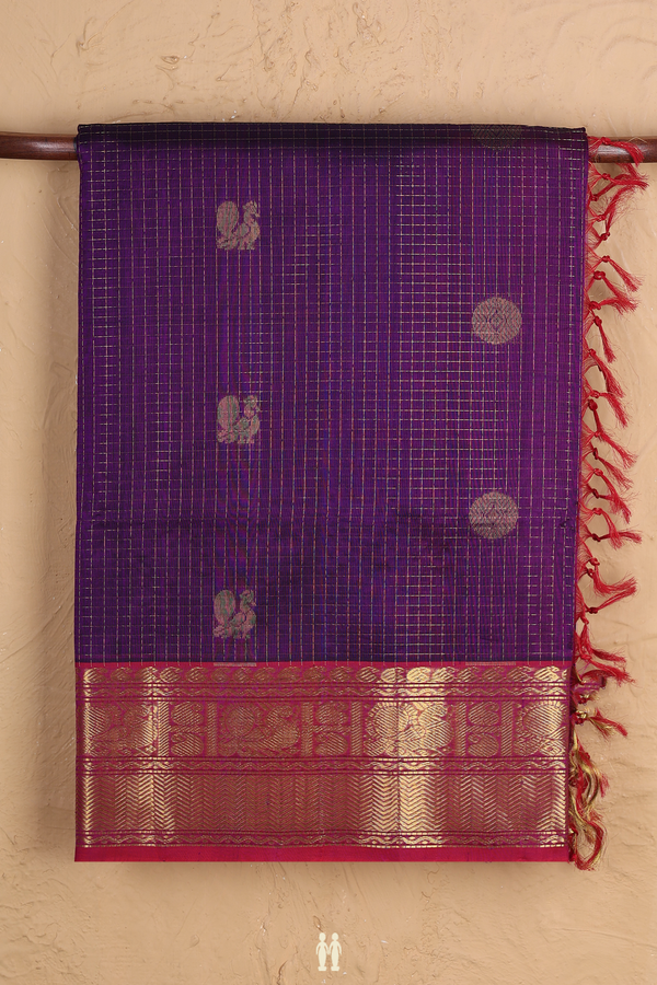 Traditional Silk Cotton Saree In Purple With Checks Design