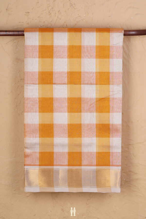 Silk Cotton Saree Yellow And Cream Color With Checks Design