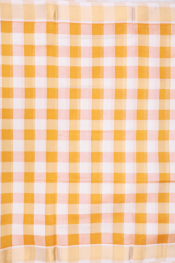 Silk Cotton Saree Yellow And Cream Color With Checks Design