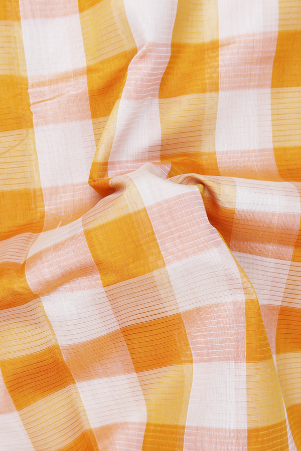 Silk Cotton Saree Yellow And Cream Color With Checks Design