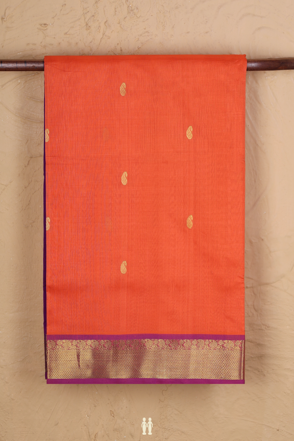 Silk Cotton Saree In Bright Orange With Paisley Buttas
