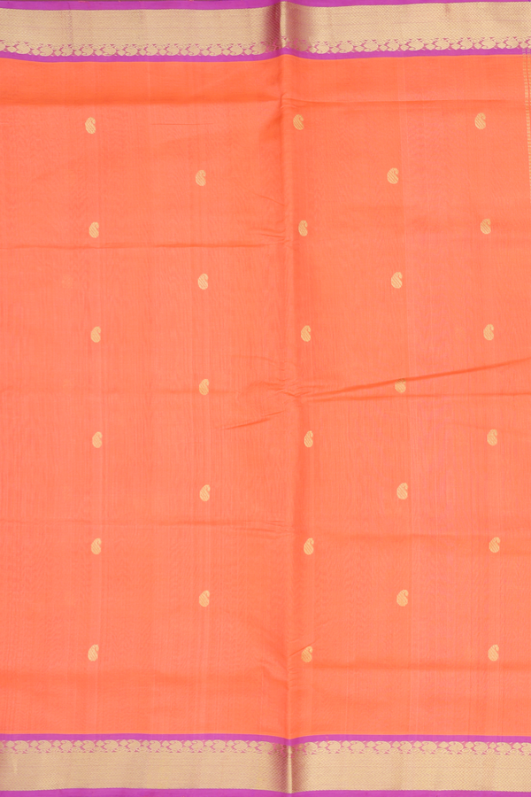 Silk Cotton Saree In Bright Orange With Paisley Buttas