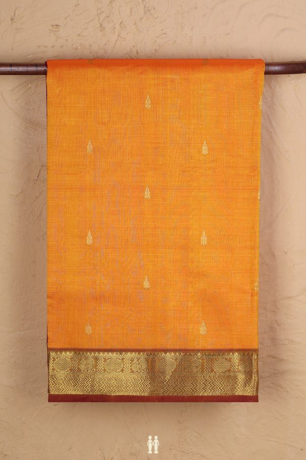 Traditional Silk Cotton Saree In Yellow With Zari Buttas