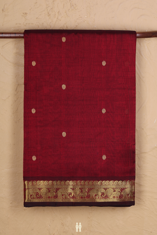 Traditional Silk Cotton Saree In Maroon With Rudraksh Buttas