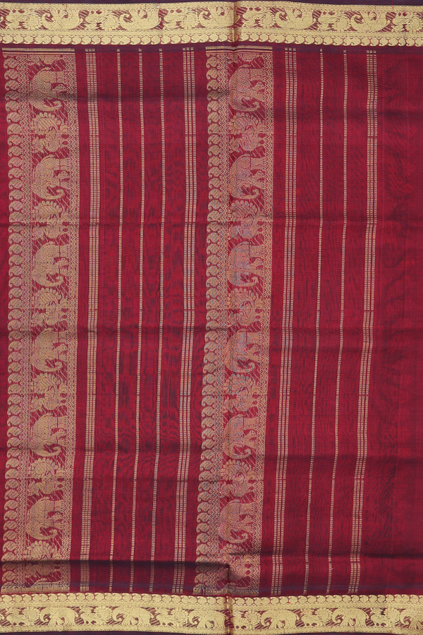 Traditional Silk Cotton Saree In Maroon With Rudraksh Buttas
