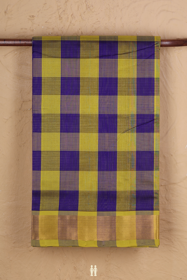 Silk Cotton Saree In Green And Blue With Checks Design