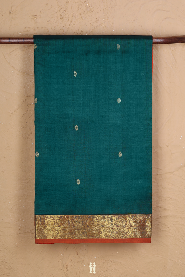 Traditional Silk Cotton Saree In Green With Rudraksh Buttas