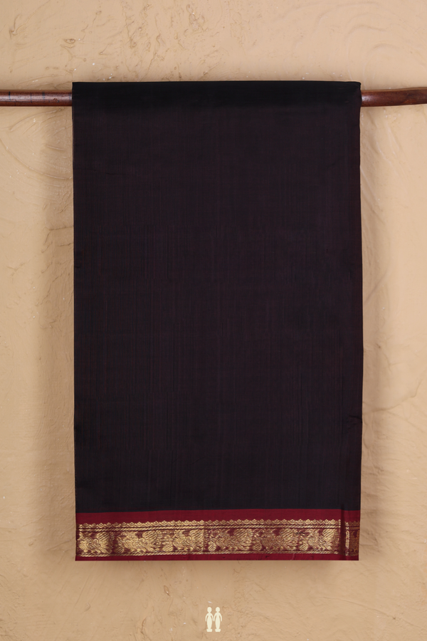 Silk Cotton Saree In Dark Oak Brown With Peacock Border