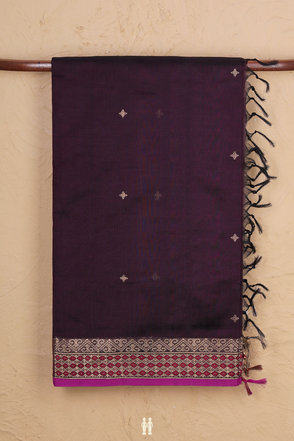 Silk Cotton Saree In Dark Brown With Zari Buttis